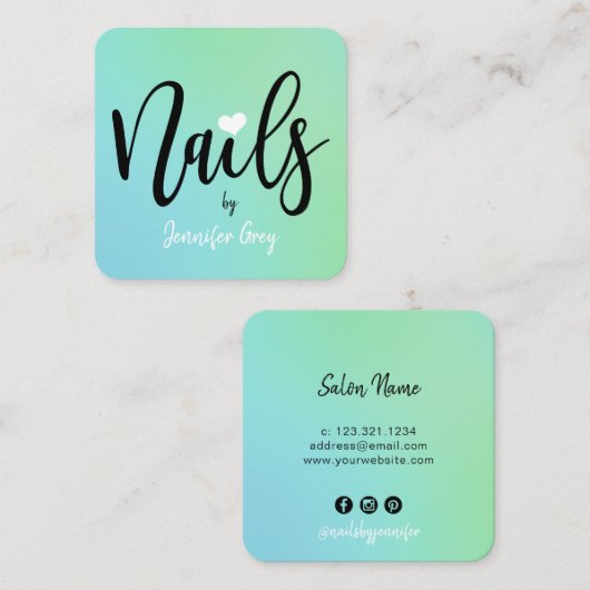 ニワトリモダンミント青緑色のグラデーション爪、 ネイル スクエア名刺 (正面/裏面)