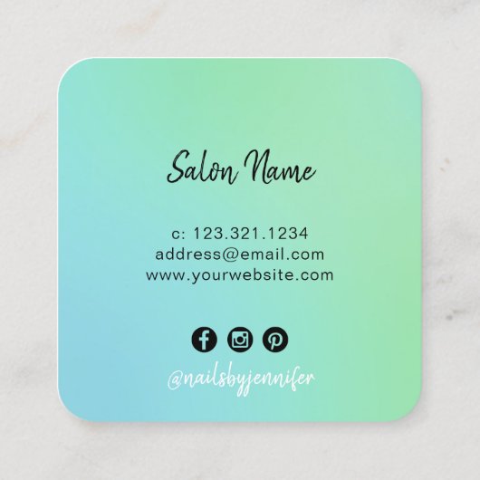 ニワトリモダンミント青緑色のグラデーション爪、 ネイル スクエア名刺 (裏面)