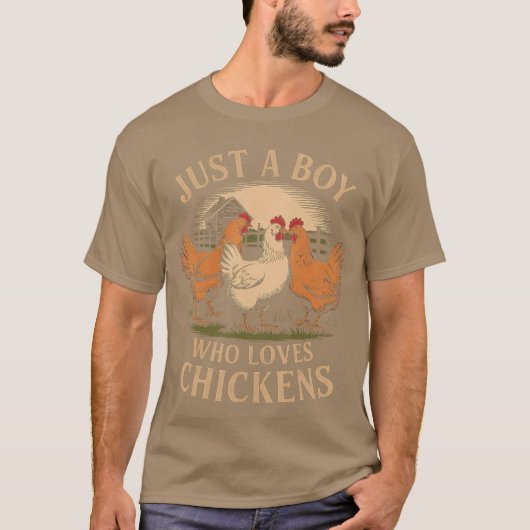 ニワトリ大好き少年 農場の暮らし レトロな雰囲気 Tシャツ (正面)