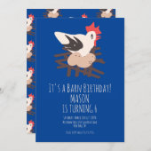 ニワトリ小屋の動物たち ファーム 誕生日 アート 青 招待状 (正面/裏面)