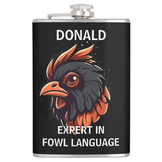 ニワトリ語の専門家、鶏の頭。ポケット フラスク (正面)