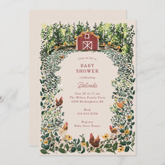 ニワトリ魅力的ズアットザバーンファームベビーシャワー 招待状 (正面/裏面)