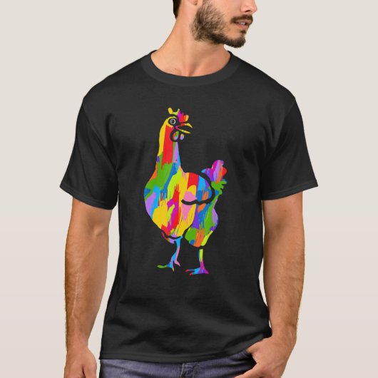 ニワトリ レインボー カラー 動物 アート Tシャツ (正面)