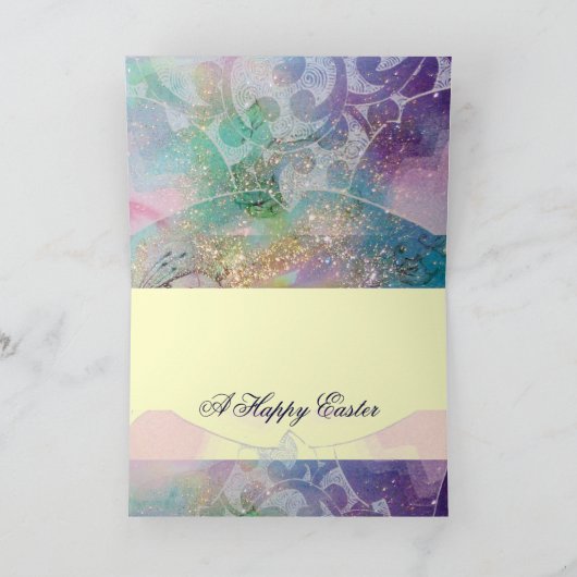 ニワトリ、花、イースター卵の金ゴールド青いきらめき シーズンカード (内部)