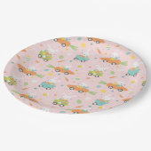 ニンジンと卵の車のピンクの可愛いイースターバニー ペーパープレート (アングル)