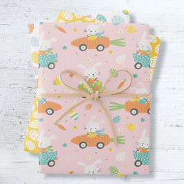 ニンジンと卵の車のピンクの可愛いイースターバニー ラッピングペーパーシート