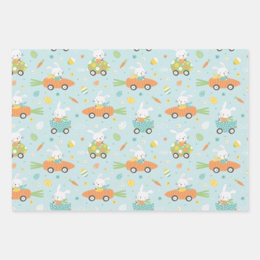 ニンジンと卵車のキュートなイースターバニー ラッピングペーパーシート (正面)