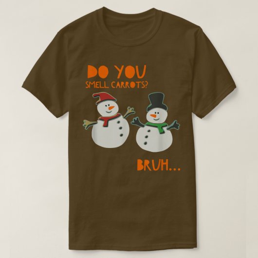 ニンジンの匂いを嗅いで可愛いおもしろい雪だるまクリスマ Tシャツ (デザイン正面)