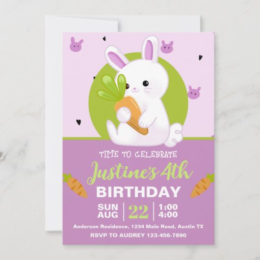 ニンジン誕生日パーティーでかわいいバニー 招待状 (正面)