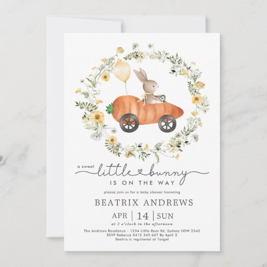 ニンジン車の赤ちゃんシャワーに乗ってワイルドフラワーバニー 招待状 (正面)