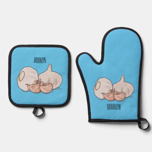 ニンニク漫画イラストレーション 鍋つかみ&鍋敷きセット (正面)