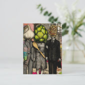 ニンニク、アーティチョーク、そしてスパゲッティフォークが面白い ポストカード (スタンド正面)