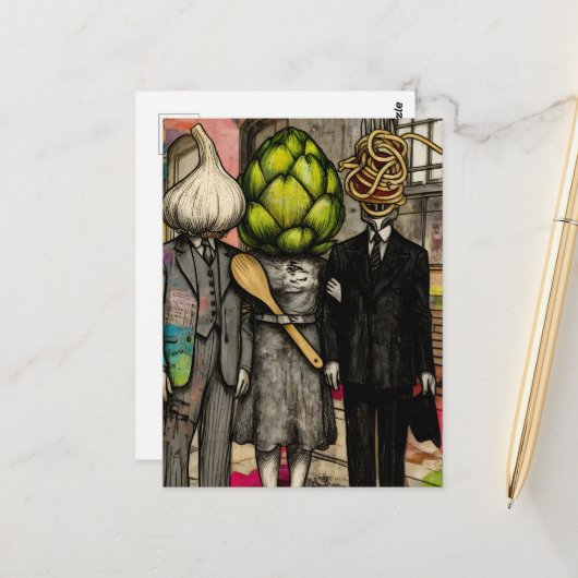 ニンニク、アーティチョーク、そしてスパゲッティフォークが面白い ポストカード (正面/裏面インサイチュ)