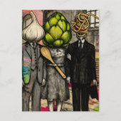 ニンニク、アーティチョーク、そしてスパゲッティフォークが面白い ポストカード (正面)