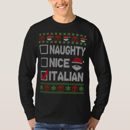 ニースいけなイタリアンクリスマスサンタ醜いセーターおもしろい Tシャツ (正面)