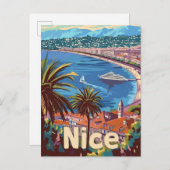 ニースフランスヴィンテージレトロ旅行イラストレーション ポストカード (正面/裏面)