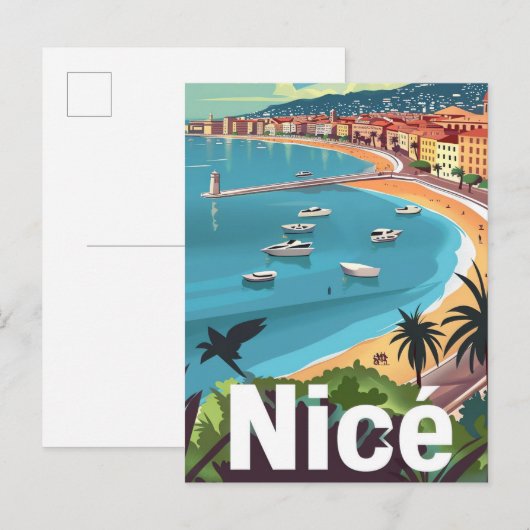 ニースフランスヴィンテージレトロ旅行イラストレーション ポストカード (正面/裏面)