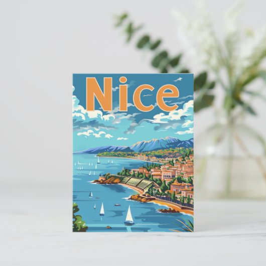ニースフランスヴィンテージレトロ旅行イラストレーション ポストカード (スタンド正面)