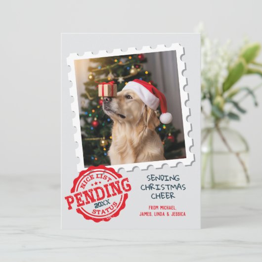 ニースリスト待ち猫おもしろい犬フォトクリスマス シーズンカード (スタンド正面)