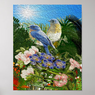 ニース絵を描油2つの花の間の鳥 ポスター