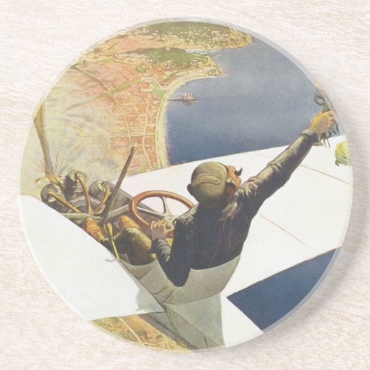 ニース・フランス上空のヴィンテージ旅行ポスター コースター (正面)