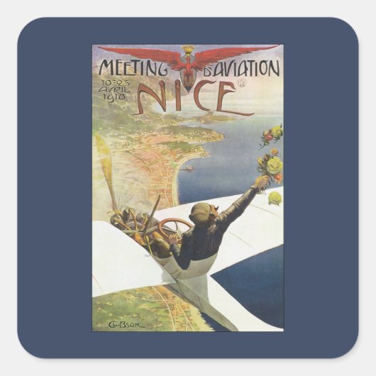 ニース・フランス上空のヴィンテージ旅行ポスター スクエアシール (正面)