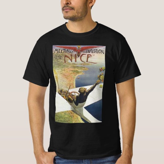 ニース・フランス上空のヴィンテージ旅行ポスター Tシャツ (正面)