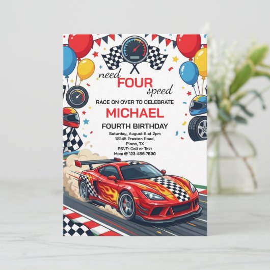 ニードフォースピード 赤 レースカー 4歳 誕生日パーティー 招待状 (スタンド正面)