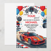 ニードフォースピード 赤 レースカー 4歳 誕生日パーティー 招待状 (正面/裏面)