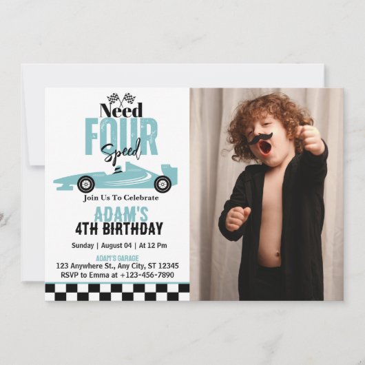 ニード・フォー・スピード レーシングカー 男の子 4歳 誕生日フォト 招待状 (正面)