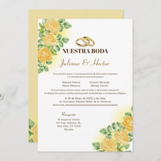 ヌエストラエレガントボダイエローフローラ結婚ズ 招待状 (正面/裏面)
