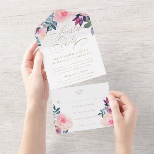 ヌエストラスペインのボダフローレスモラドイ結婚ローザ オールインワン招待状 (貼ってはがせる)