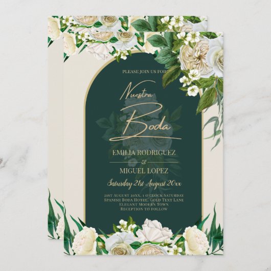 ヌエストラボダグリーン金ゴールドホワイトローズウィンター招待状 招待状 (正面/裏面)
