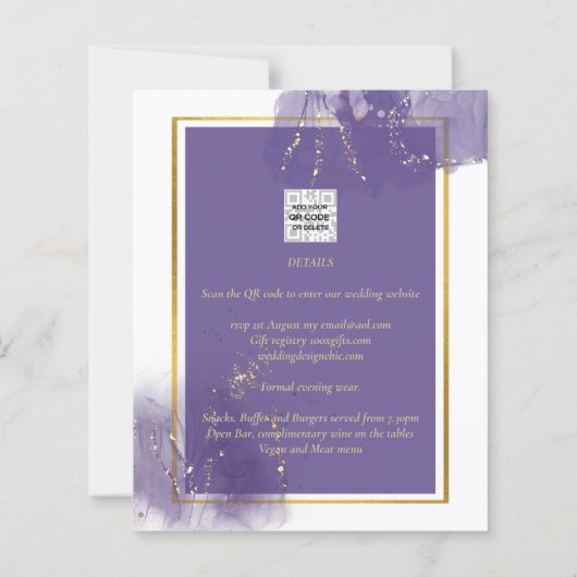 ヌエストラボダパープル金ゴールド結婚ズラベンダー招待状 (裏面)