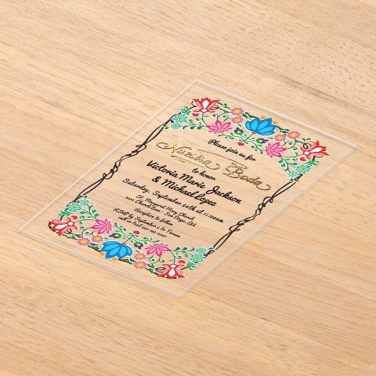 ヌエストラボダフォークアートメキシカンフィエスタパーティー アクリル招待状 (レイダウン)