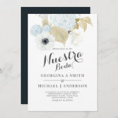 ヌエストラボダブルーホワイトスペインのフローラ結婚ズ 招待状 (正面/裏面)