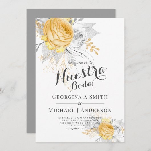 ヌエストラボダ金ゴールドホワイトローズシルバー葉モダンズ 招待状 (正面/裏面)