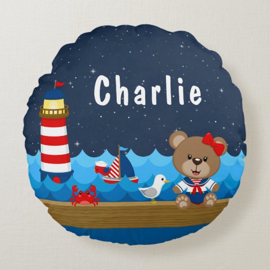 ネイタルガールベア レッドアンドネイビー ラウンドクッション (正面)