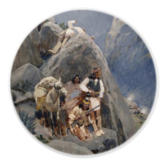 ネイティブアメリカンのアイコン：アパッチの戦士たち、米騎兵隊 セラミックノブ (正面)