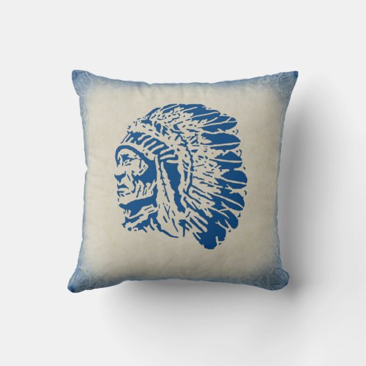 ネイティブアメリカンの主で青いシルエットの枕 クッション (裏面)