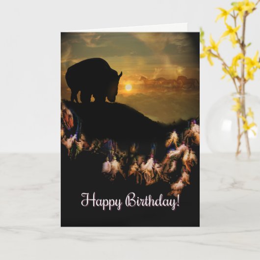 ネイティブアメリカンの夢のキャッチャーのバッファローの誕生日 カード (黄色い花)