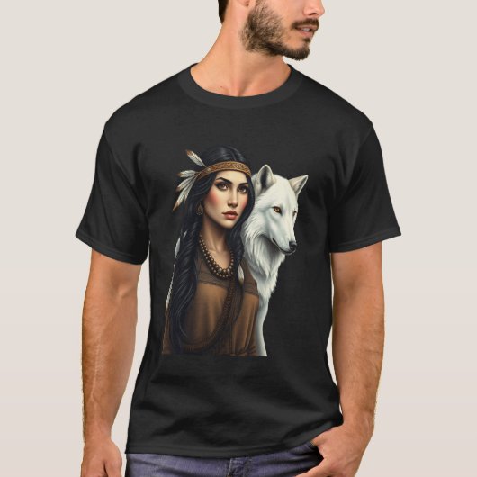 ネイティブアメリカンの女性の狼愛好家インディアン Tシャツ (正面)