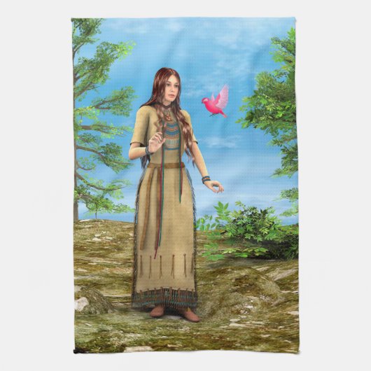 ネイティブアメリカンの女性 森の鳥 アート キッチンタオル (縦)
