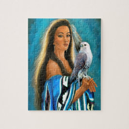 ネイティブアメリカンの娘および《鳥》ハヤブサが付いているパズル ジグソーパズル