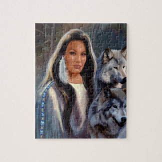 ネイティブアメリカンの娘が付いているパズルはWolfs、 ジグソーパズル