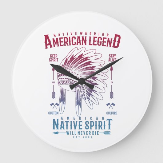 ネイティブアメリカンの戦士の種族の精神の芸術のギフト ラージ壁時計 (正面)