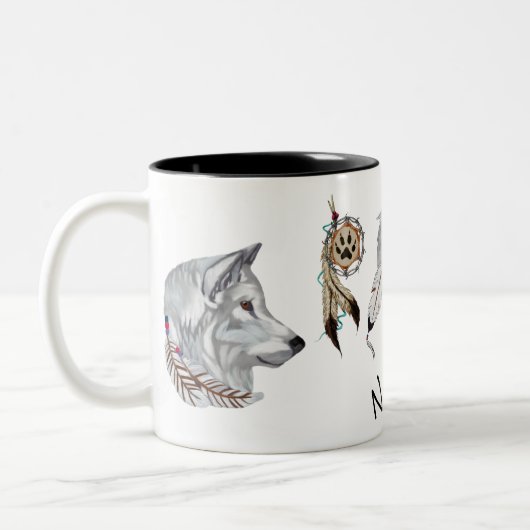 ネイティブアメリカンの種族のオオカミの精神のコーヒーカップ ツートーンマグカップ (左)