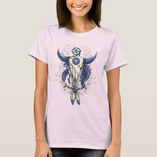 ネイティブアメリカンのBULLのスカルの青 Tシャツ (正面)
