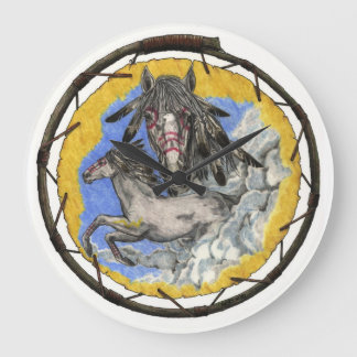 ネイティブアメリカンのLakotaの時間ムスタングの柱時計 ラージ壁時計