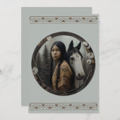ネイティブアメリカンガールの馬の招待状 招待状 (正面/裏面)